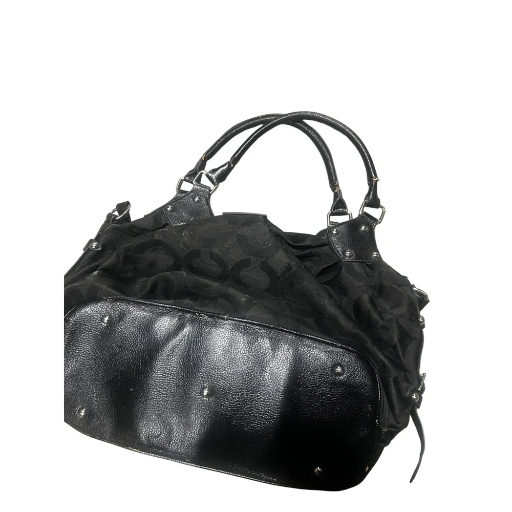 Coach Black Signature Jacquard Leather Satchel Shoulder Bag Turnlock Pleated
